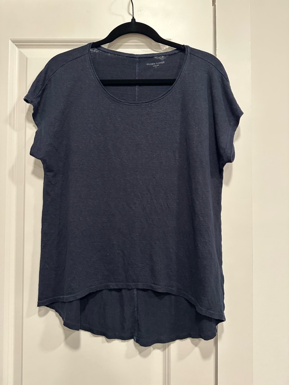 Eileen Fisher Black Linen Top High Low Hem Back Seam Detail Size S